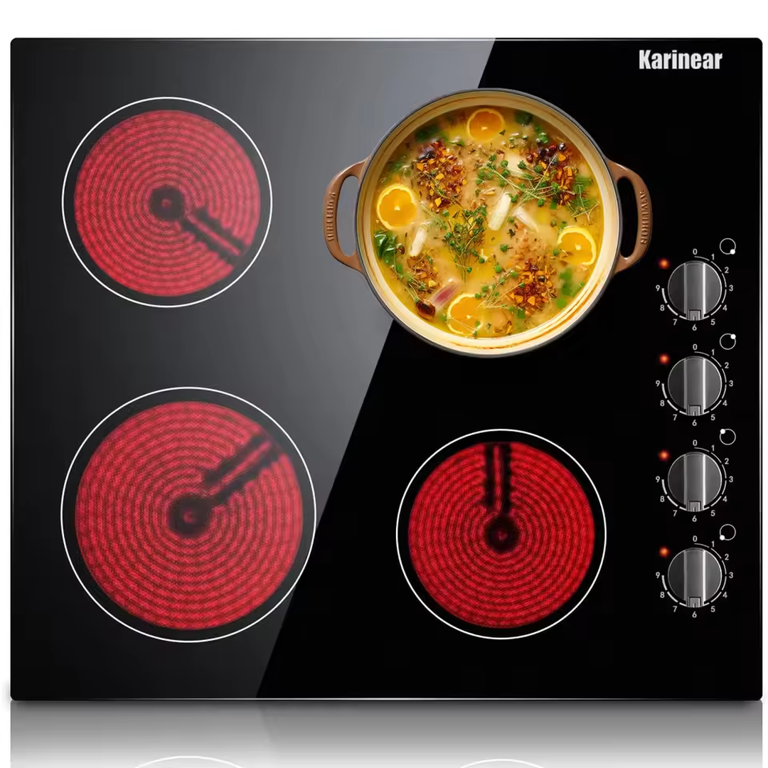 Eaffilifest - Aliexpress - Appliances - Cooktops - Karinear 4 Burners Electric Cooktop, 24 Inch Built-in, 220-240v, 6000W, Knob Control, Residual Heat Indicator,Hard Wire(No Plug)