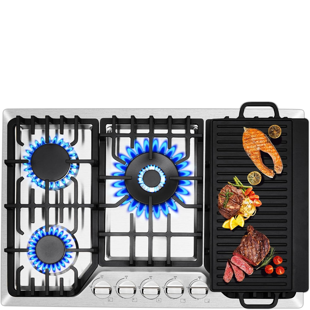 Eaffilifest - Amazon - Appliances - Cooktops - 30 Inch Bulit-In Gas Cooktop with Griddle, 5 Italy SABAF Powerful Burners Over 92% High Efficiency, Max 48300BTU Gas Stove Top, 304 Stainless Steel Panel, NG/LPG Convertible, CSA Certified