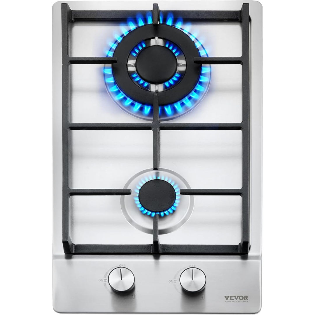 Eaffilifest - Amazon - Appliances - Cooktops - VEVOR 12 inch 2 Burners Cooktop Max 12250BTU Built-in Stainless Steel Stove Top LPG/NG Convertible Dual Fuel Natural Gas Hob with Thermocouple Protection for Outdoor, Kitchen, Camping, RV