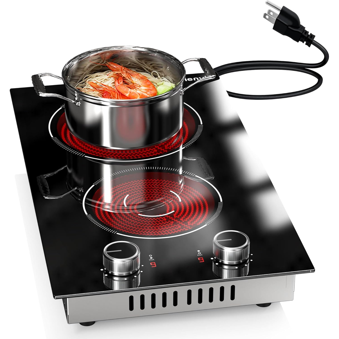 Eaffilifest - Amazon - Appliances - Cooktops - 2 Burner Electric Cooktop, 12 Inch Countertop & Built-in Electrical Stovetop, 110V Electric Stove with Plug, Knob Control, 9 Power Level, 2000W(1400W+600W)