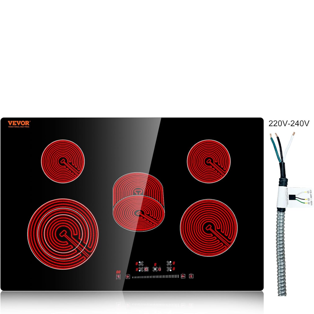 Eaffilifest - Amazon - Appliances - Cooktops - VEVOR Built in Electric Stove Top, 30 inch 5 Burners Ceramic Cooktop, 240V Glass Radiant Cooktop with Sensor Touch Control, Timer & Child Lock Included, 9 Power Levels for Simmer Steam Slow Cook Fry