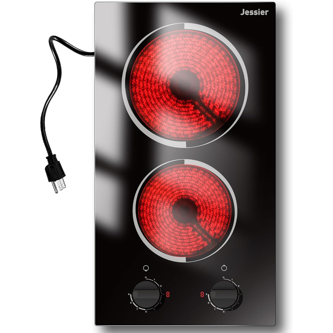 Eaffilifest - Amazon - Appliances - Cooktops - 2 Burner Electric Cooktop - 12 Inch Plug in Portable 110V Electric Cook Top Two Burner, Built-in & Countertop Ceramic Stove Top with Knob Control, 9 Power Levels and Overheat Protection