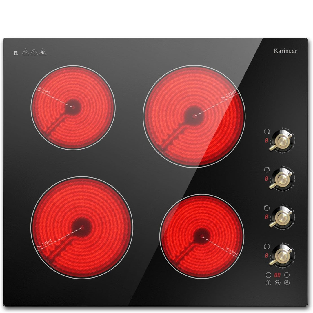 Eaffilifest - Amazon - Appliances - Cooktops - Karinear Electric Cooktop 24 Inch, 4 Burners Electric Stove Top, Built-in Radiant Cooktop Knob Control, Safety Lock, Timer, Pause, 6000W 220~240V Hard Wired(No Plug)