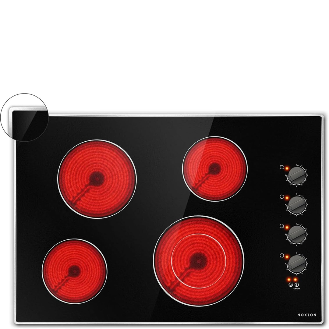 Eaffilifest - Amazon - Appliances - Cooktops - Noxton 30 Inch 4 Burners Electric Cooktop, Built-in 30" Radiant Electric Ceramic Stove Top with Glass Protection Metal Frame,Knob Control, Hot Surface Indicator, 220-240v, No Plug, Hard Wire
