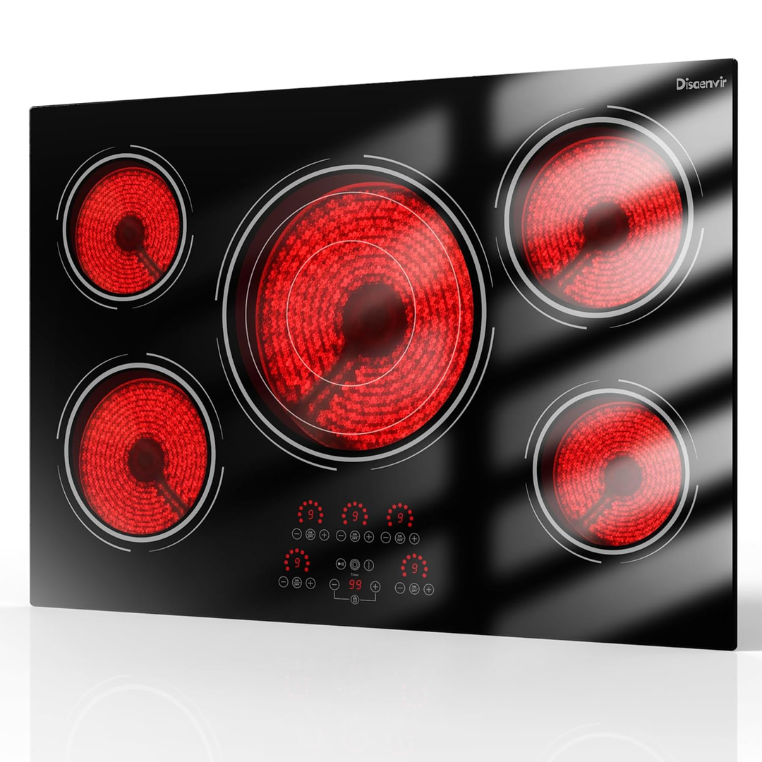 Eaffilifest - Amazon - Appliances - Cooktops - 30 Inch Electric Cooktop - 9000W Powerful 5 Burner Electric Stovetop, 220V Built-in Ceramic Stove 30 Inches with Triple Ring, Timer, Safety Lock, Pause, 220V-240V Hard Wired (No Plug)