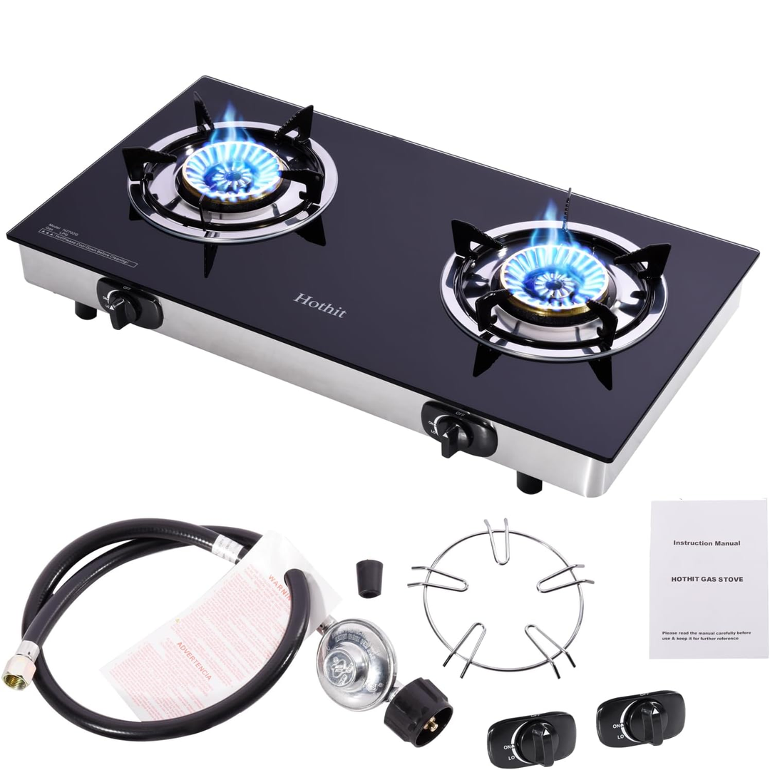 Eaffilifest - Amazon - Appliances - Cooktops - Hothit Portable 2 Burner Propane Stove Gas Cooktop, 28600 BTU Tempered Glass Auto Ignition for Outdoor Kitchen, Camping, RV, Small Apartment