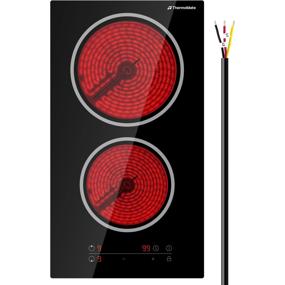 Eaffilifest - Amazon - Appliances - Cooktops - ThermoMate 2 Burners Electric Cooktop, 12 Inch Built in Electric Radiant Stove Top, 3200W Ceramic Glass Cooktop with Sensor Touch Control, 9 Heating Level, Chlid Lock & Timer, 220-240V Hard Wire
