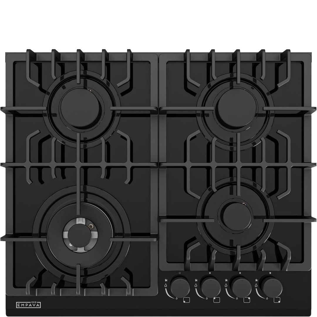 Eaffilifest - Amazon - Appliances - Cooktops - Empava 24 in. Gas Stove Cooktop with 4 Sealed Burners-Heavy Duty Continuous Grates-NG/LPG Convertible-Black Tempered Glass Surface, 24 Inch