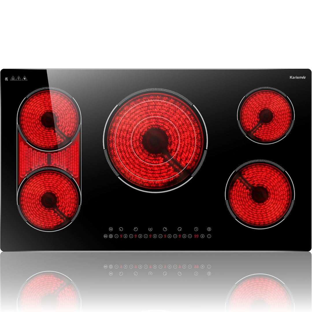 Eaffilifest - Amazon - Appliances - Cooktops - 36 Inch Electric Cooktop 5 Burner, Built-in Electric Stovetop with Flexible Bridge & Triple Ring Burner, 9600W Cooktop Electrics with BBQ Burner, Timer, Safety Lock,Pause, 220V-240V Hard Wire