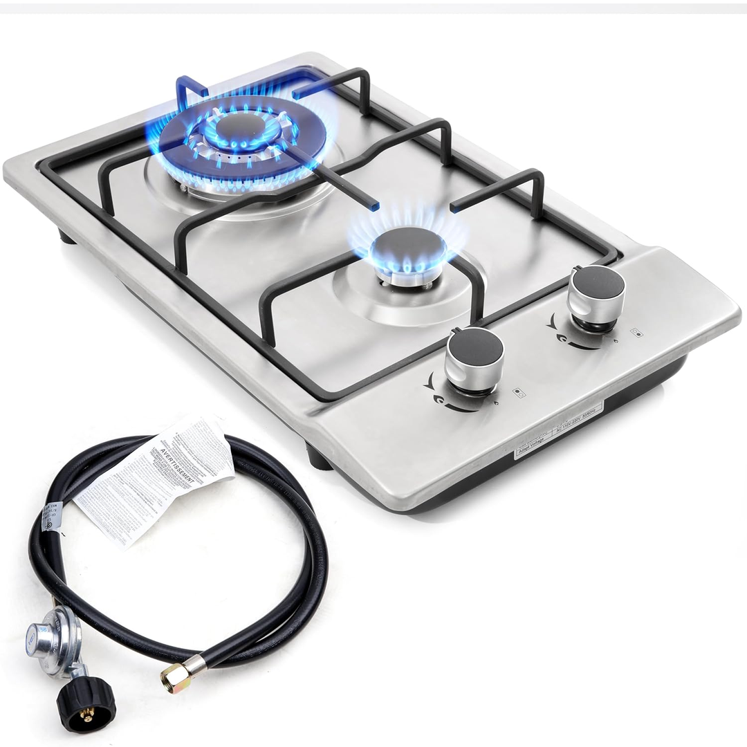 Eaffilifest - Amazon - Appliances - Cooktops - 12" Gas Cooktops, 2 Burner Drop-in Propane/Natural Gas Cooker, 12 Inch Stainless Steel Gas Stove Top Dual Fuel Easy to Clean (12Wx20L)