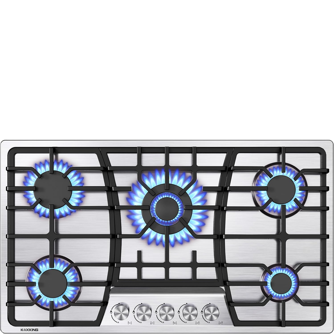 Eaffilifest - Amazon - Appliances - Cooktops - 36 Inch Gas Cooktop, 5 Burners Dual Fuel (LPG/NG Convertible), Stainless Steel Gas Stove Top with Thermocouple Protection, Built-in Range, Easy to Clean