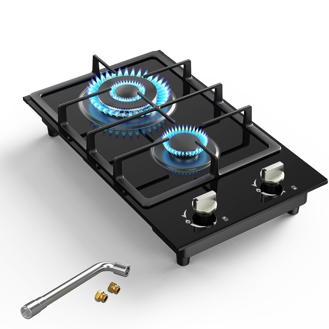 Eaffilifest - Amazon - Appliances - Cooktops - Gas Stove 2 Burner Propane Cooktop 12 inch, Nafewin Tempered Glass Portable Gas Cooktop Stove Burner with Thermocouple Protection, Lpg/Ng Dual Fuel Built-in Hob for Apartments, Outdoor, Rvs