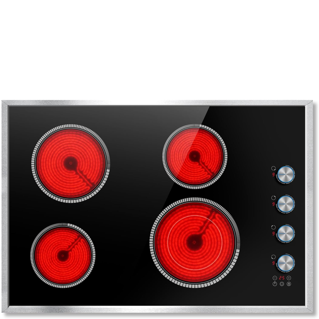 Eaffilifest - Amazon - Appliances - Cooktops - 30 Inch Electric Cooktop, 4 Burner Electric Stove Top with Knob Control, 6700W Stove Top Burner with Overheat Protection, Child Lock, Timer, Durable Metal Frame, Bulit-in Glass Top 220-240V Hardwired