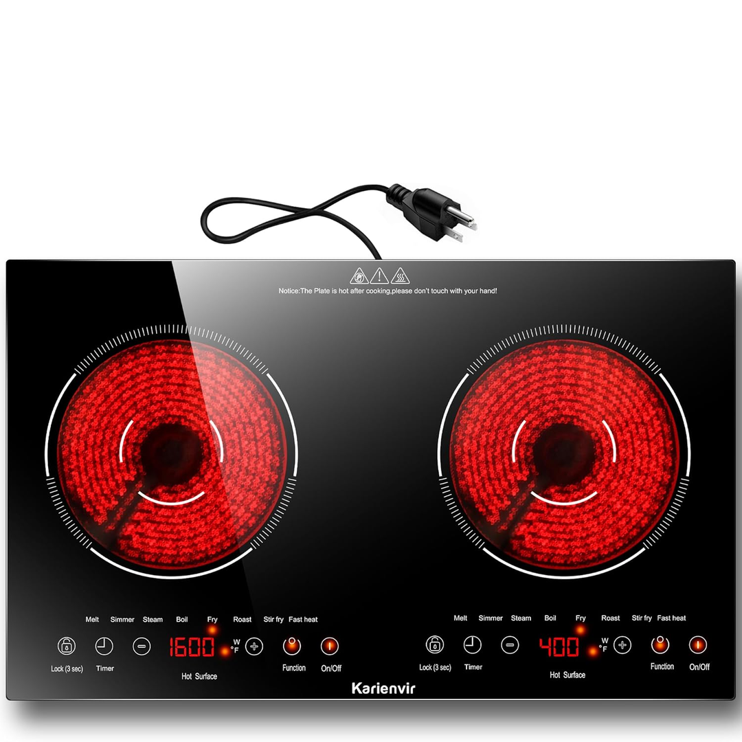 Eaffilifest - Amazon - Appliances - Cooktops - 2 Burner Electric Cooktop 110v, 2000W Electric Stove Top Countertop & Built-in, Plug-in Electrics Cooktop 24 Inch, 8 Power Levels & 8 Functions, Touch Control, Safety Lock, Timer, Karienvir