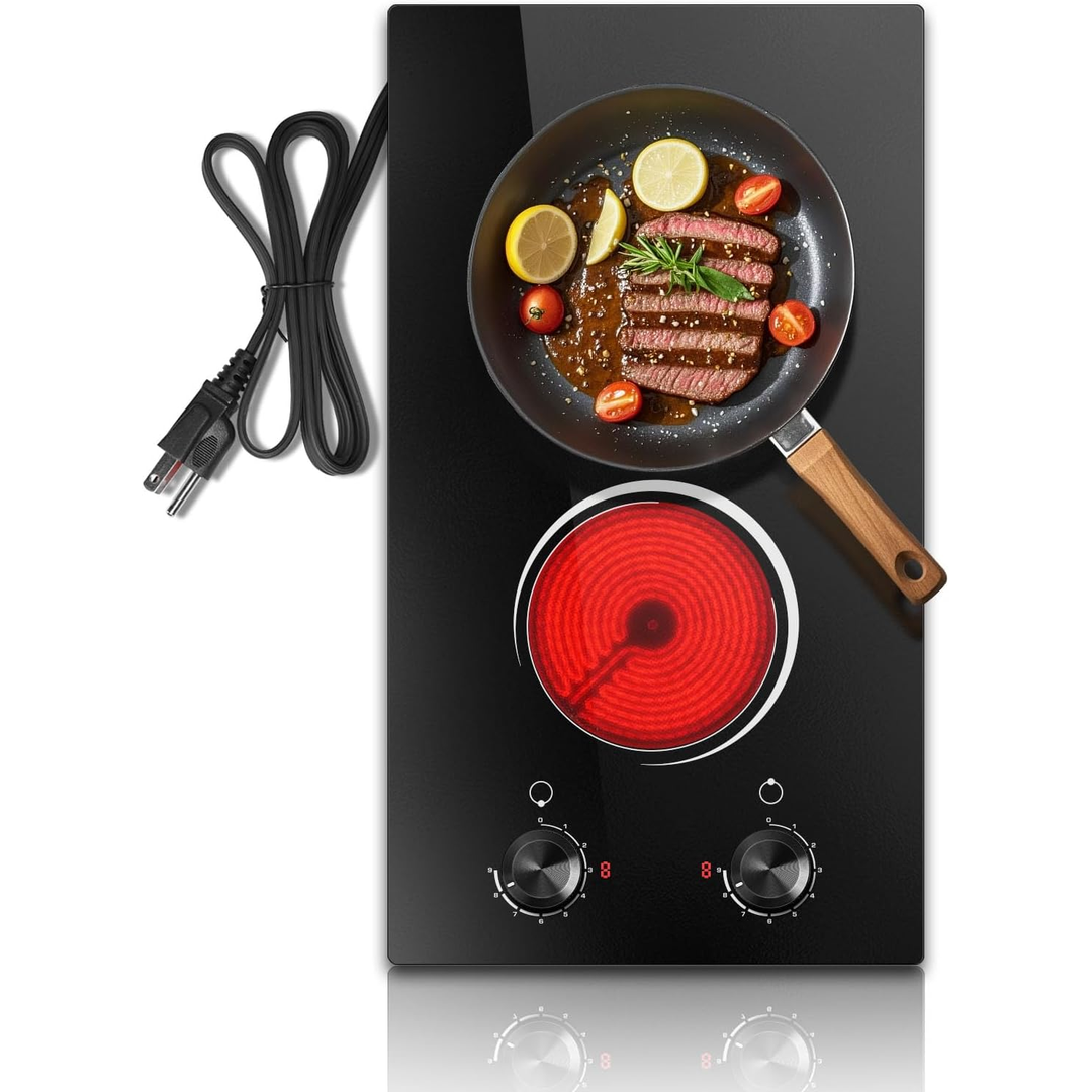 Eaffilifest - Amazon - Appliances - Cooktops - 2 Burner Electric Cooktop 110V, 12 Inch Electric Cook Top Plug in, 2000W Electrics Stove with Knob Control, Countertop & Built-in Ceramic Stovetop, 9 Heating Level, Residual Heat Indicator