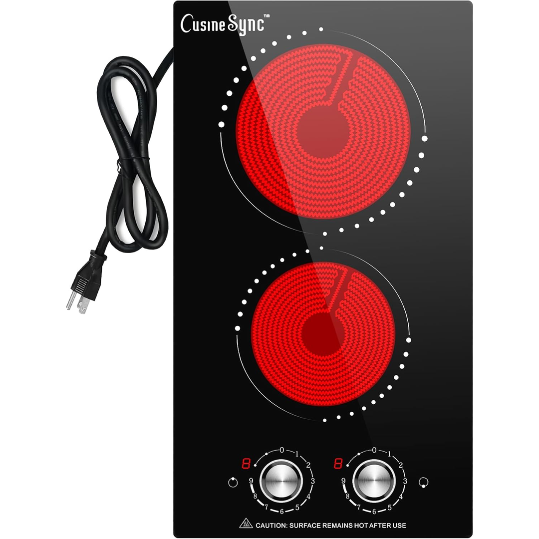 Eaffilifest - Amazon - Appliances - Cooktops - 12 Inch Electric Cooktop, 2 Burner Electric Stove Top with 9 Power Levels, Knob Control, Auto shutdown and Residual Heat Warning, 2000W, Ideal for Countertop & Built-In Use (110-120V)