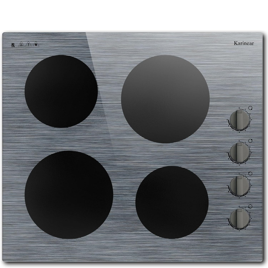 Eaffilifest - Amazon - Appliances - Cooktops - Karinear Electric Cooktop 24 Inch, 4 Burners Electric Stove Knob Control, Built-in Ceramic Cooktop with Beautiful Woodgrain Pattern Glass Surface, 6000W, 220-240v Hard Wired(No Plug)