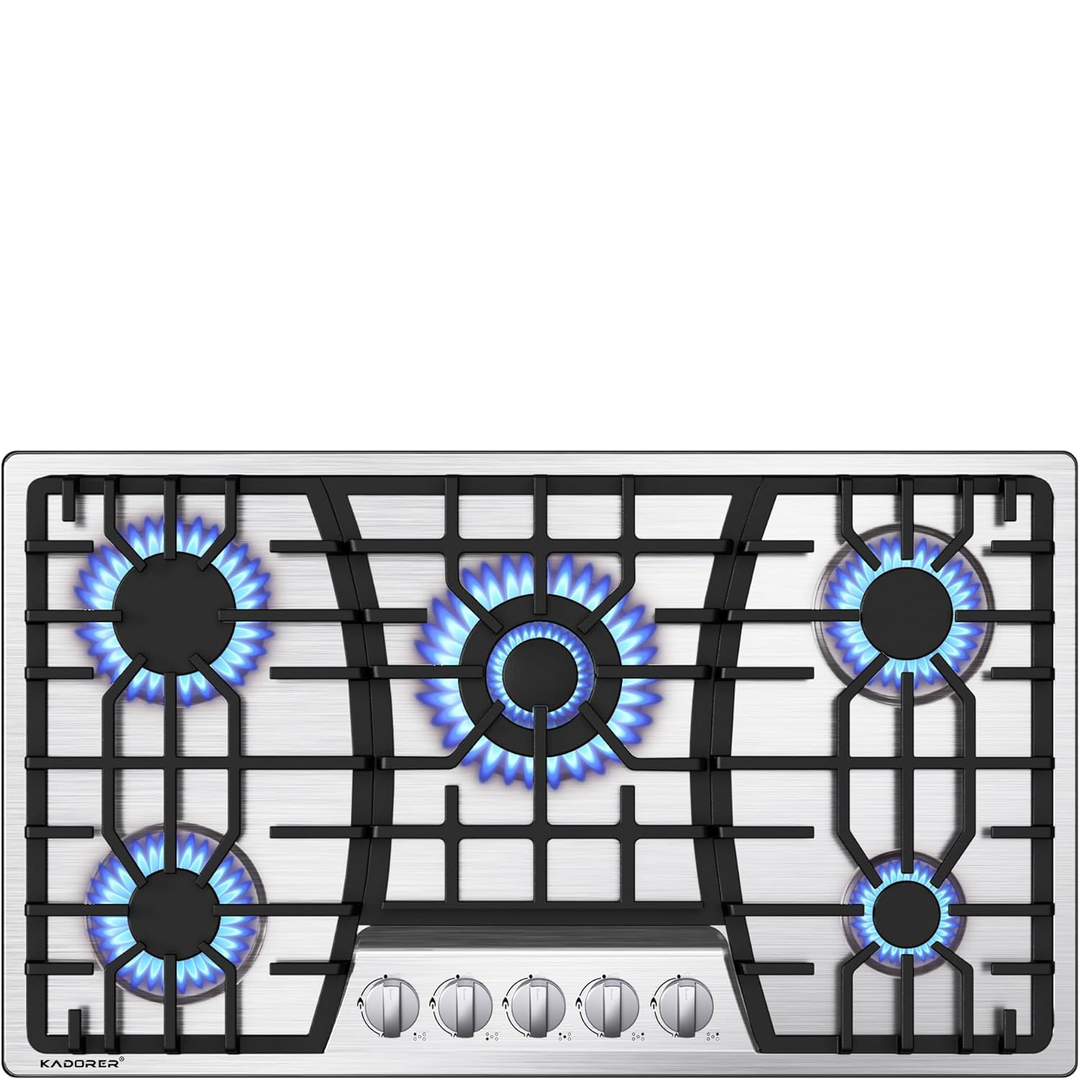 Eaffilifest - Amazon - Appliances - Cooktops - 36 inch Gas Cooktop, Bulit-in Gas Stove Top with 5 Burner, NG/LPG Convertible Cooktops, 5 Burner Propane Cooktop with Thermocouple Protection, Stainless Steel
