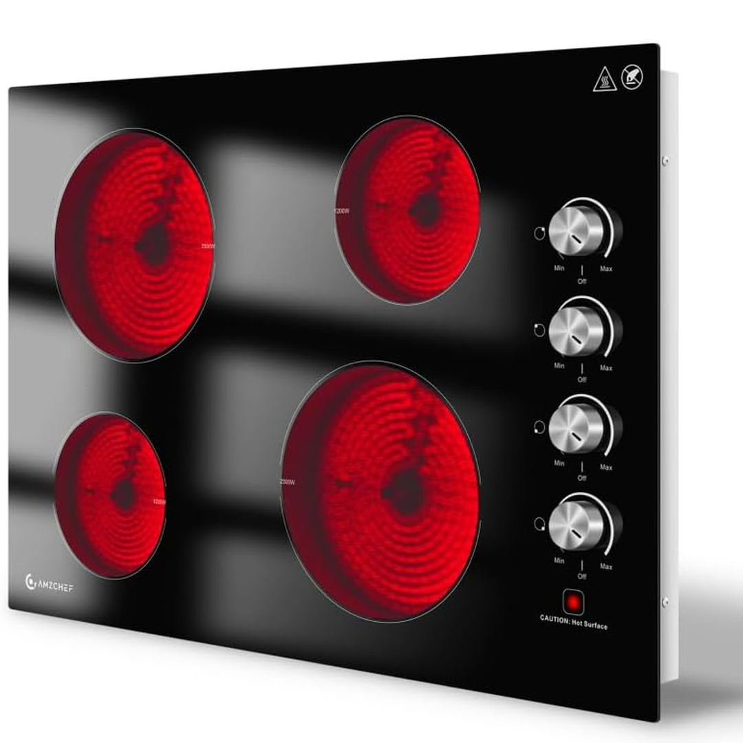 Eaffilifest - Amazon - Appliances - Cooktops - AMZCHEF 30 Inch Electric Cooktop, Built-in with 4 Burners Max 7000W with 30" Glass Ceramic Cook Top,Knob control, Hot Surface Indicator,220V - 240V Hard Wire, No Plug
