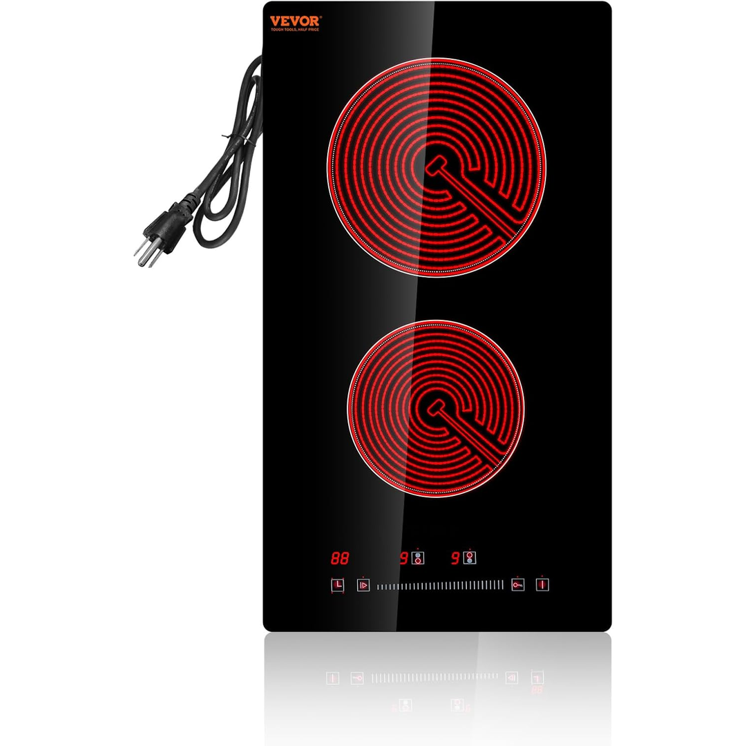 Eaffilifest - Amazon - Appliances - Cooktops - VEVOR Built in Electric Stove Top, 12 inch 2 Burners Ceramic Cooktop, Glass Radiant Cooktop with Sensor Touch Control, Timer & Child Lock Included, 9 Power Levels for Simmer Steam Slow Cook Fry,110V